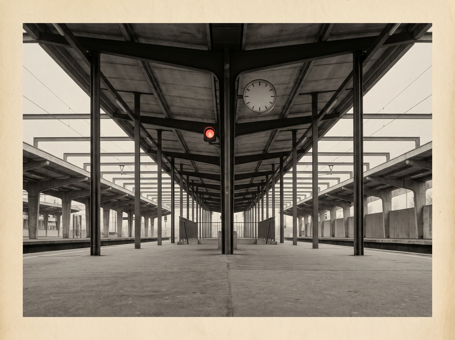 Modernist railway platform with one red signal lamp