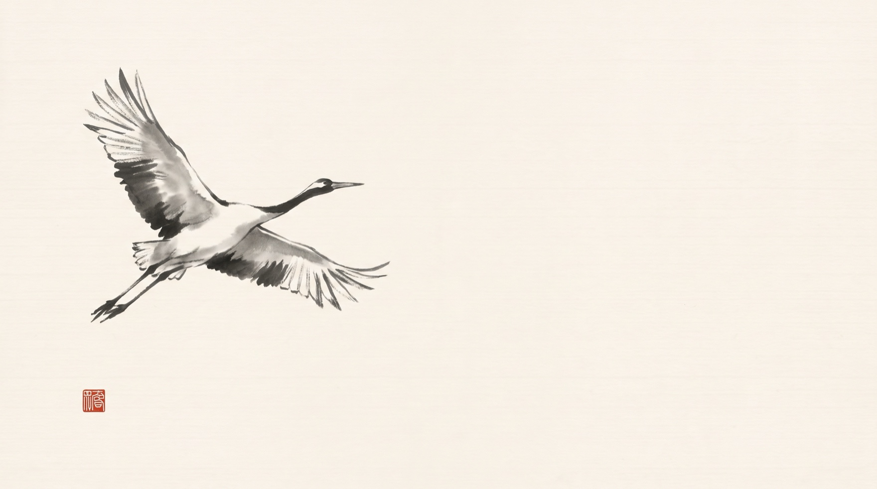 A red-crowned crane in flight, painted in a few sumi-e brushstrokes, sealed with a vermilion hanko