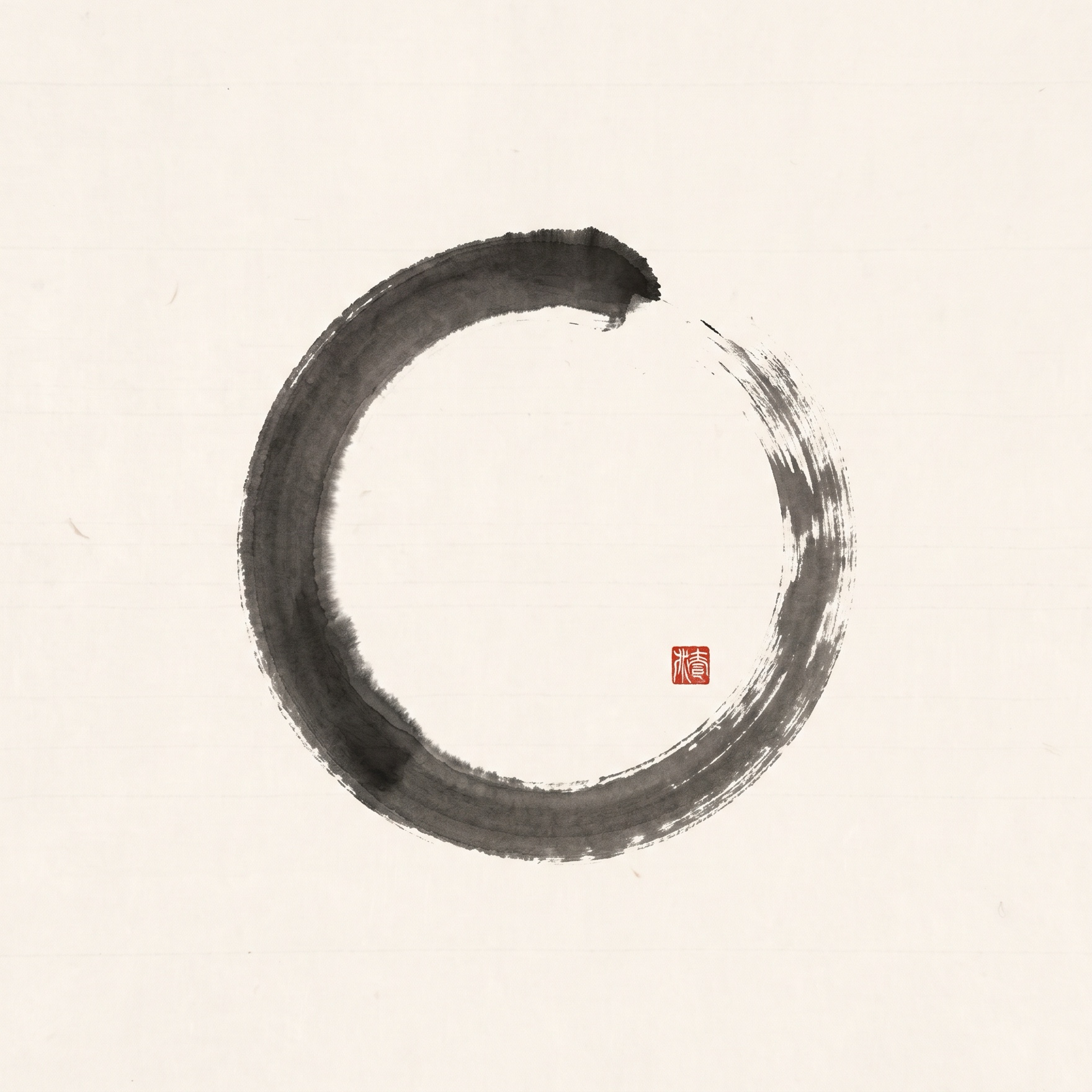 A single enso ink circle in sumi-e, sealed with a vermilion hanko