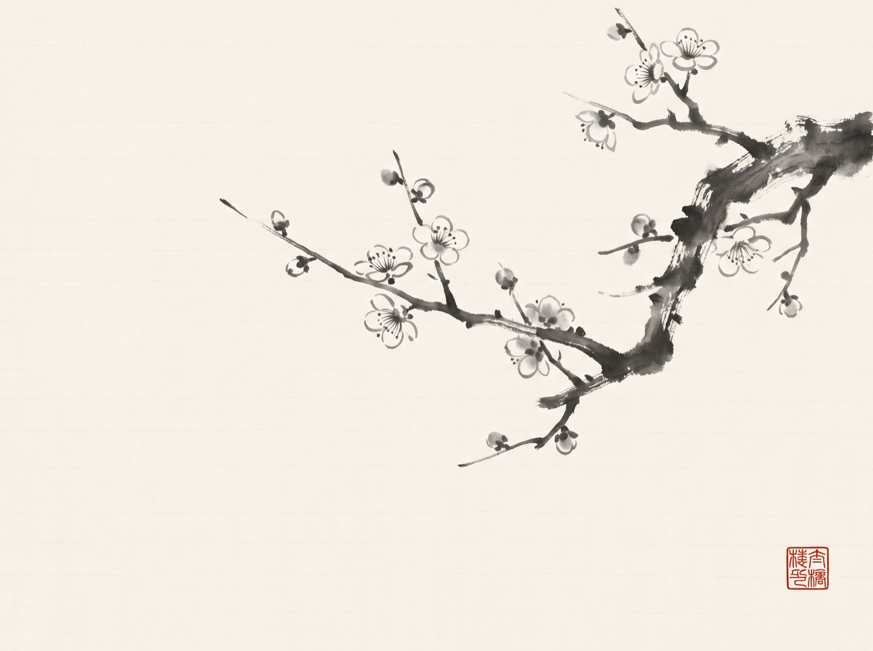 A plum branch reduced to a few sumi-e ink strokes, sealed with a vermilion hanko